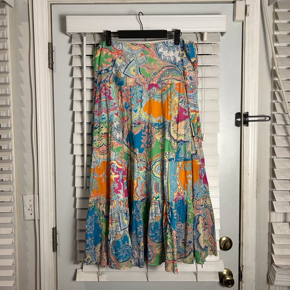 Lauren Ralph Lauren Boho Artsy Flowy Skirt Petite L Tiered 100% Cotton Gypsy